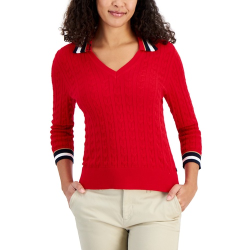 타미힐피거 Womens Cotton Striped-Collar Cable-Knit Sweater