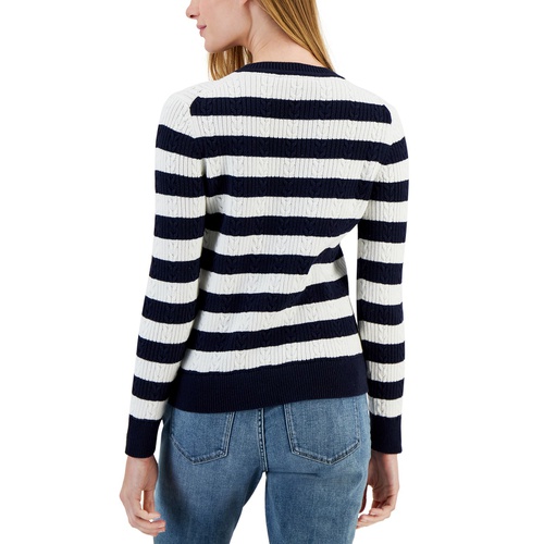 타미힐피거 Womens Cotton Striped Cable-Knit Sweater