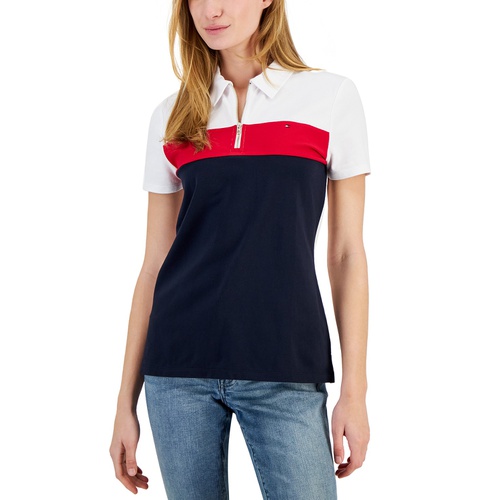 타미힐피거 Womens Colorblocked Zip Polo Shirt