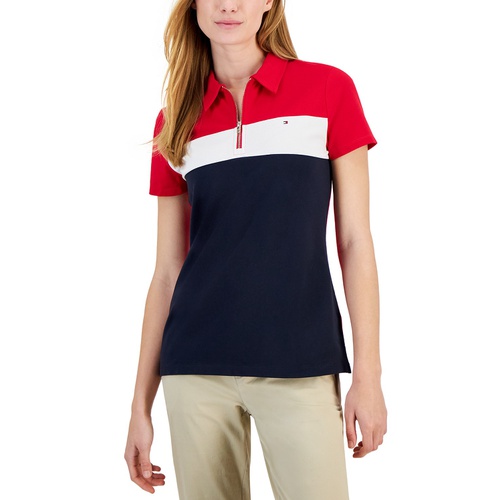 타미힐피거 Womens Colorblocked Zip Polo Shirt