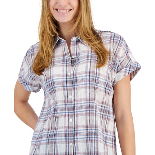 타미힐피거 Womens Omlym Plaid Dolman-Sleeve Shirt