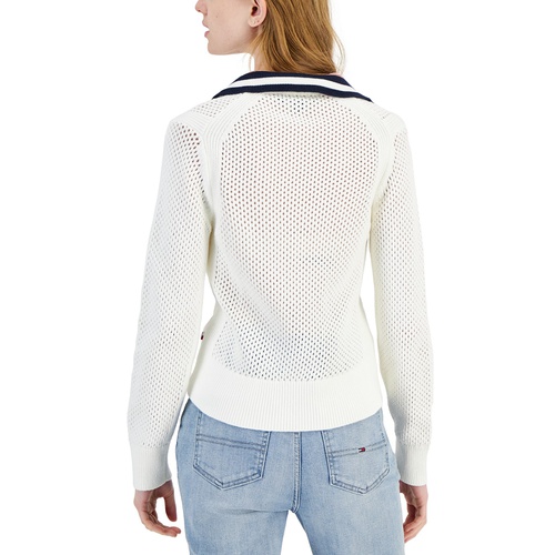 타미힐피거 Womens Cotton Collared V-Neck Mesh Sweater