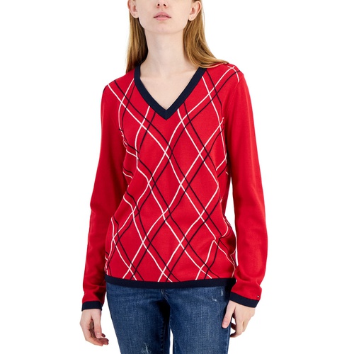 타미힐피거 Womens Argyle V-Neck Sweater