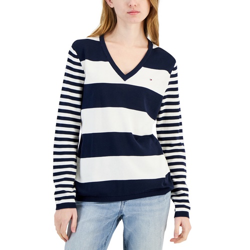 타미힐피거 Womens Mixed-Stripe V-Neck Sweater