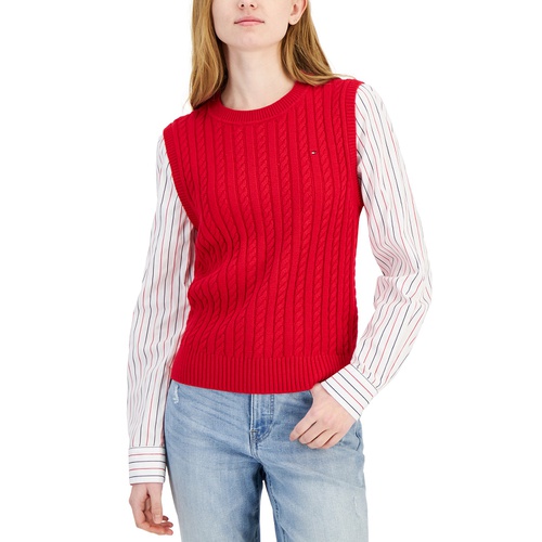 타미힐피거 Womens Striped Layered-Look Sweater Vest
