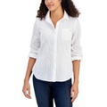 Womens Textured Button-Front Roll-Tab-Sleeve Top