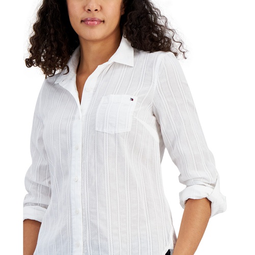 타미힐피거 Womens Textured Button-Front Roll-Tab-Sleeve Top