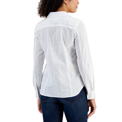 타미힐피거 Womens Textured Button-Front Roll-Tab-Sleeve Top