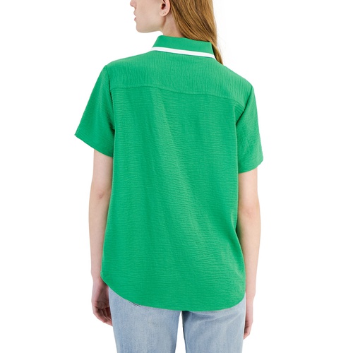 타미힐피거 Womens Ribbed-Collar Short-Sleeve Shirt