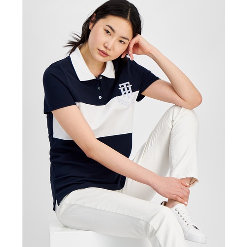 타미힐피거 Womens Logo Applique Colorblocked Polo Shirt