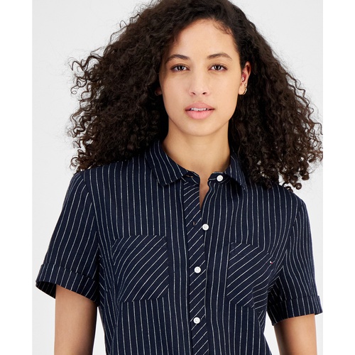 타미힐피거 Womens Striped Linen-Blend Short-Sleeve Button-Front Shirt