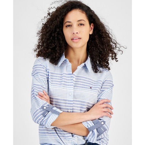 타미힐피거 Womens Beach Stripe Cotton Roll-Tab Shirt