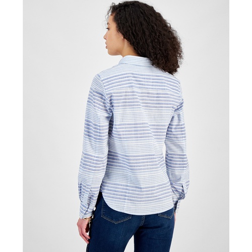 타미힐피거 Womens Beach Stripe Cotton Roll-Tab Shirt