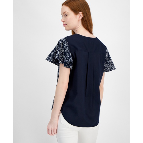 타미힐피거 Womens Embroidered Cotton Flutter-Sleeve Top