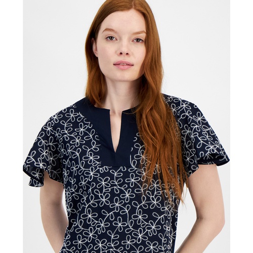 타미힐피거 Womens Embroidered Cotton Flutter-Sleeve Top
