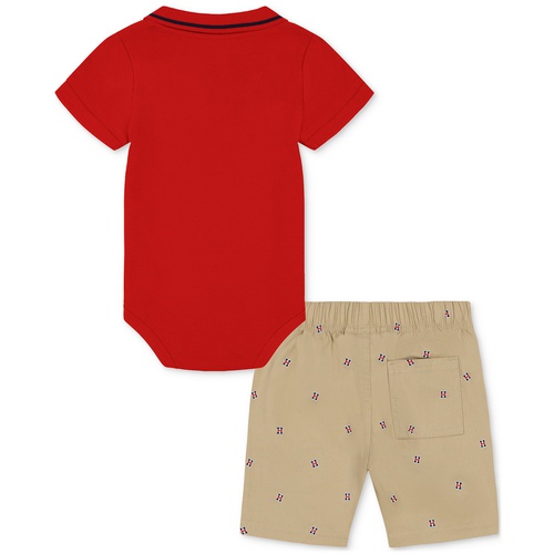 타미힐피거 Baby Boys Tipped Polo Bodysuit & Printed Twill Shorts 2 Piece Set