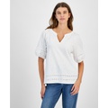 Womens Cotton Split-Neck Puff-Sleeve Top