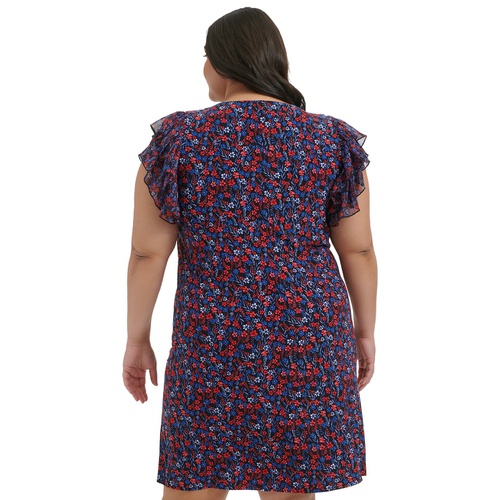 타미힐피거 Plus Size Floral-Print Flutter-Sleeve Shift Dress