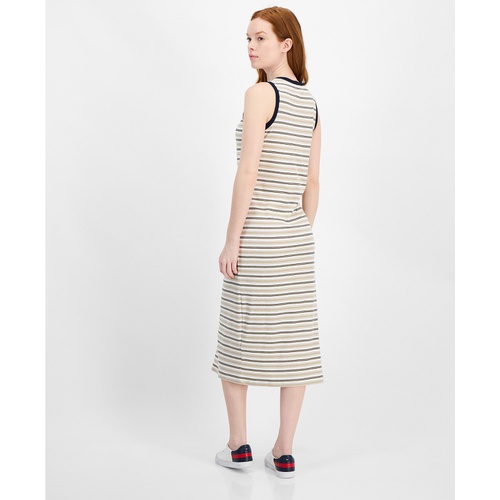 타미힐피거 Womens Striped Ribbed Slit Midi Dress