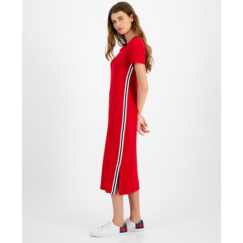 타미힐피거 Womens Contrast-Stripe Ribbed Knit Midi Dress