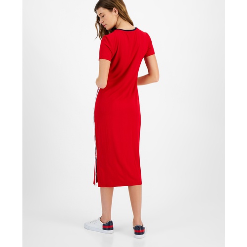 타미힐피거 Womens Contrast-Stripe Ribbed Knit Midi Dress