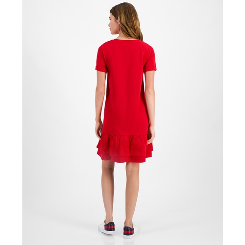 타미힐피거 Womens Crewneck Short-Sleeve Embroidered Dress