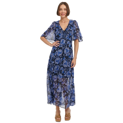 타미힐피거 Womens Floral Flutter-Sleeve Maxi Dress