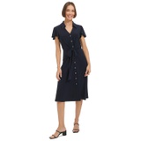 Womens Button-Front Tie-Waist Flutter-Sleeve Dress