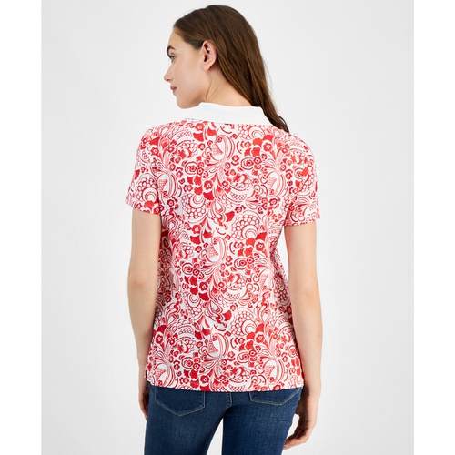 타미힐피거 Womens Floral-Print Short-Sleeve Polo Top