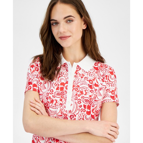 타미힐피거 Womens Floral-Print Short-Sleeve Polo Top