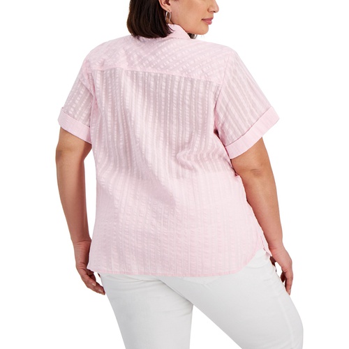 타미힐피거 Plus Size Cotton Crinkled Striped Camp Shirt