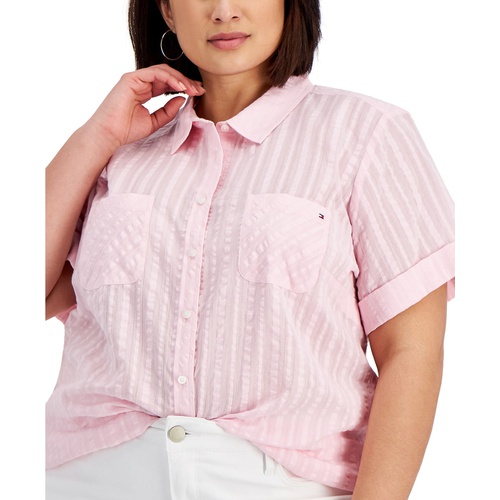 타미힐피거 Plus Size Cotton Crinkled Striped Camp Shirt