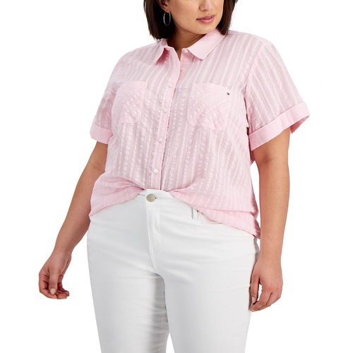 타미힐피거 Plus Size Cotton Crinkled Striped Camp Shirt