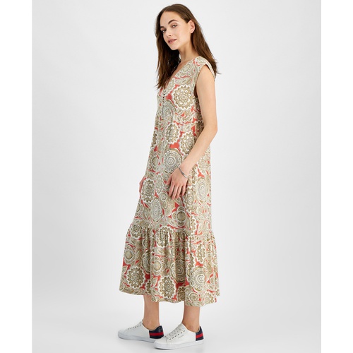 타미힐피거 Womens Floral-Print V-Neck Tiered Midi Dress