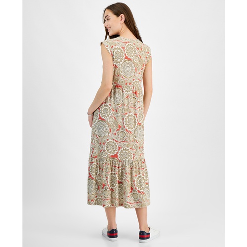 타미힐피거 Womens Floral-Print V-Neck Tiered Midi Dress