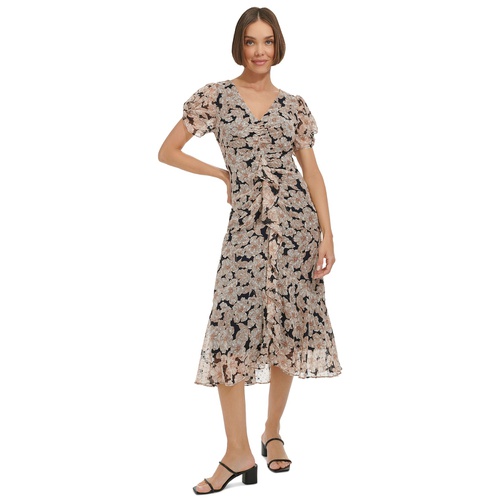 타미힐피거 Womens Ruffle-Front Clip-Dot Midi Dress