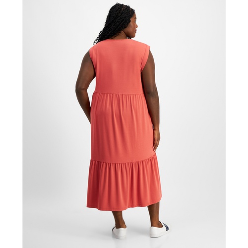 타미힐피거 Plus Size Solid Tiered Sleeveless Midi Dress
