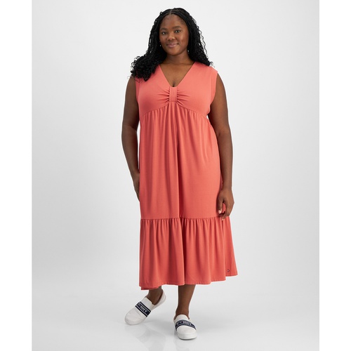 타미힐피거 Plus Size Solid Tiered Sleeveless Midi Dress