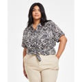 Plus Size Cotton Cuffed-Sleeve Camp Shirt