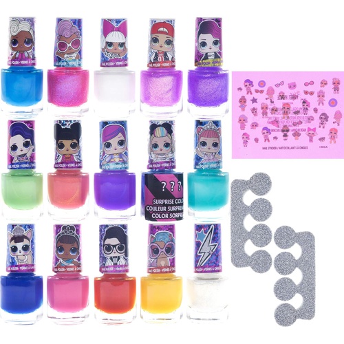  Townley Girl L.O.L. Surprise! Non-Toxic Peel-Off Nail Polish Set for Girls, Glittery and Opaque Colors, with Toe Spacers and Nail Stickers, Ages 5+ (15 Pack), for Parties, Sleepove