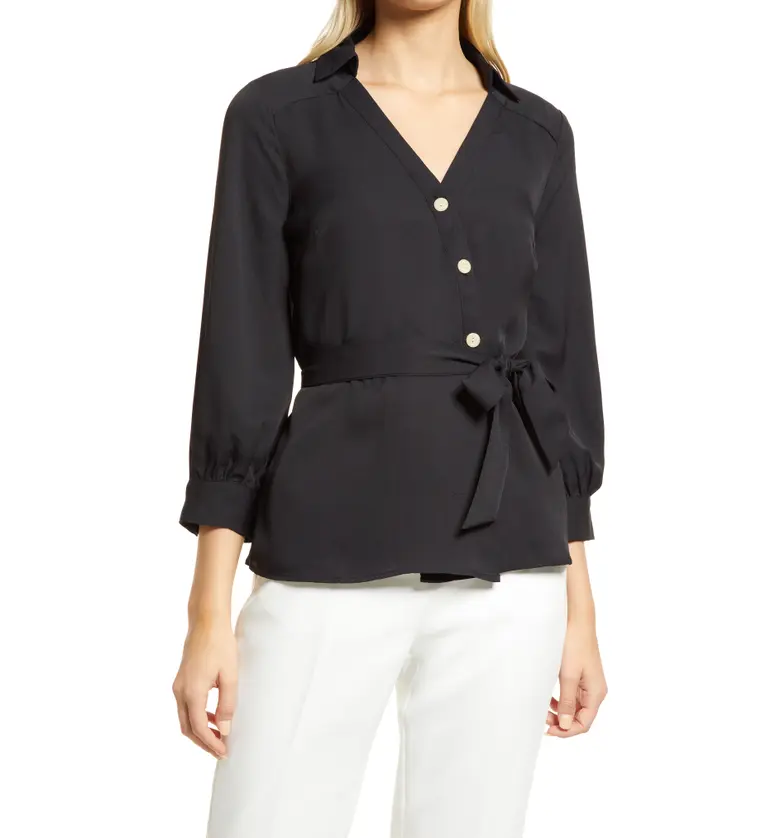  Vince Camuto Asymmetric Belt Button-Up Blouse_RICH BLACK