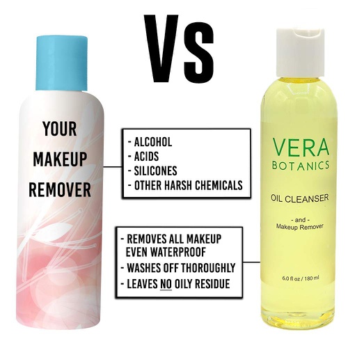  Natural Cleansing Oil And Makeup Remover by Vera Botanics. Only 4 Ingredients. Gentle Daily Oil Cleanser For A Deep Face Wash. Remove Any Makeup. For All Skin Types. Eliminate Clog