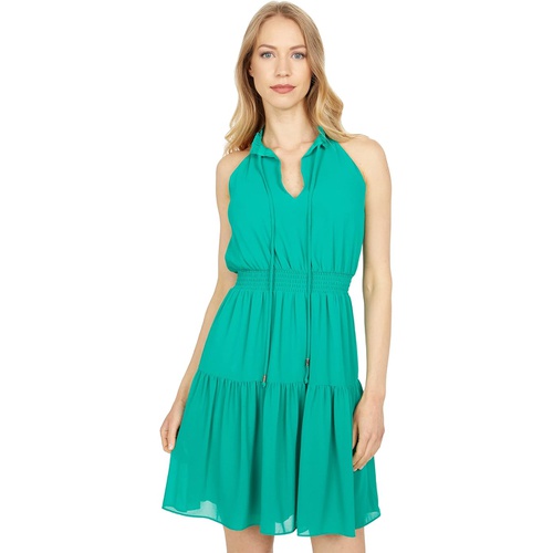  Vince Camuto Chiffon Ruffle Neck Halter Fit-and-Flare Dress with Smocked Waist