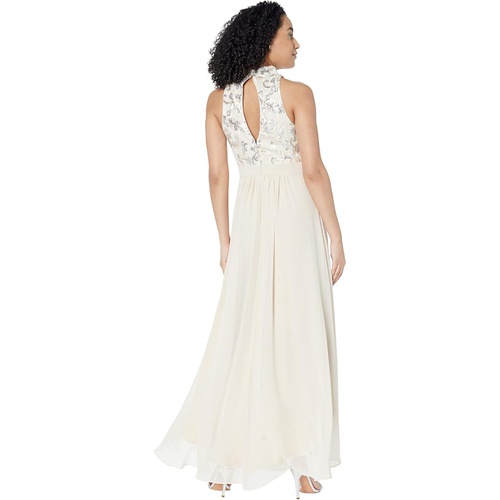  Vince Camuto High Neck Haltered Sequin Top Gown with High-Low Chiffon Skirt