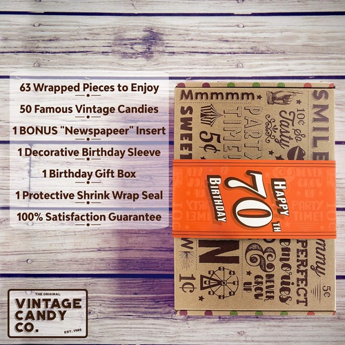  VINTAGE CANDY CO. 70TH BIRTHDAY RETRO CANDY GIFT BOX - 1951 Decade Nostalgic Childhood Candies - Fun Gag Gift Basket for Milestone SEVENTIETH Birthday - PERFECT For Man Or Woman Tu