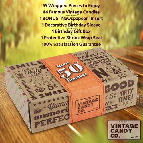  VINTAGE CANDY CO. 50TH BIRTHDAY RETRO CANDY GIFT BOX - 1971 Decade Nostalgic Childhood Candies - Fun Gag Gift Basket For Milestone FIFTIETH Birthday - PERFECT For Man Or Woman Turn