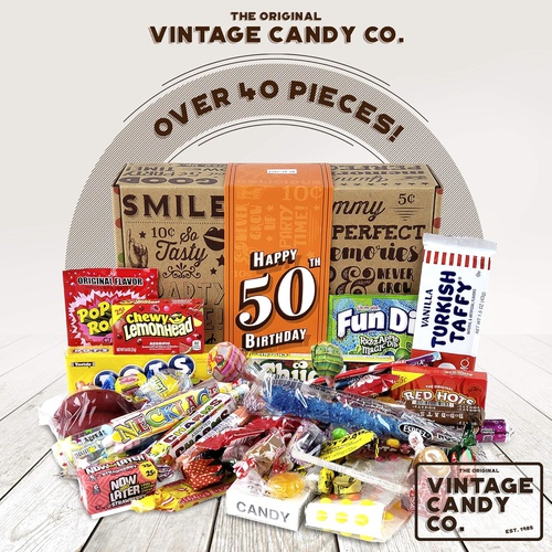  VINTAGE CANDY CO. 50TH BIRTHDAY RETRO CANDY GIFT BOX - 1971 Decade Nostalgic Childhood Candies - Fun Gag Gift Basket For Milestone FIFTIETH Birthday - PERFECT For Man Or Woman Turn
