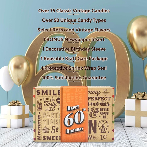  VINTAGE CANDY CO. 60TH BIRTHDAY RETRO CANDY GIFT BOX - 1961 Decade Nostalgic Candies - Fun Gag Gift Basket For Milestone SIXTIETH Birthday - PERFECT For Man Or Woman Turning 60 Yea