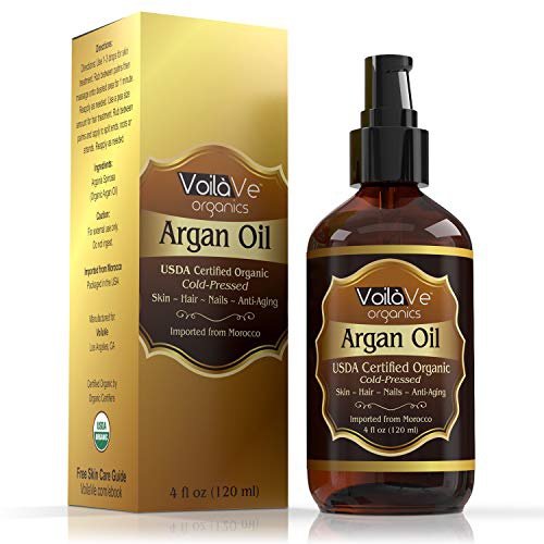  VoilaVe USDA and ECOCERT Pure Organic Moroccan Argan Oil for Skin, Nails & Hair Growth, Anti-Aging Face Moisturizer, Cold Pressed, Hair Moisturizer, Rich in Vitamin E & Carotenes,