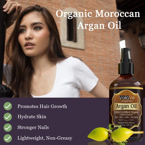  VoilaVe USDA and ECOCERT Pure Organic Moroccan Argan Oil for Skin, Nails & Hair Growth, Anti-Aging Face Moisturizer, Cold Pressed, Hair Moisturizer, Rich in Vitamin E & Carotenes,